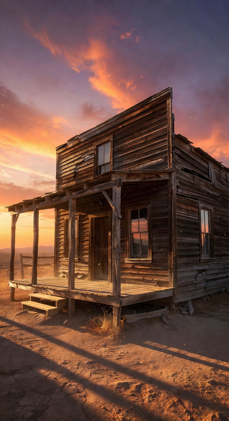 Cinematic view of an old wooden saloon exterior at sunset