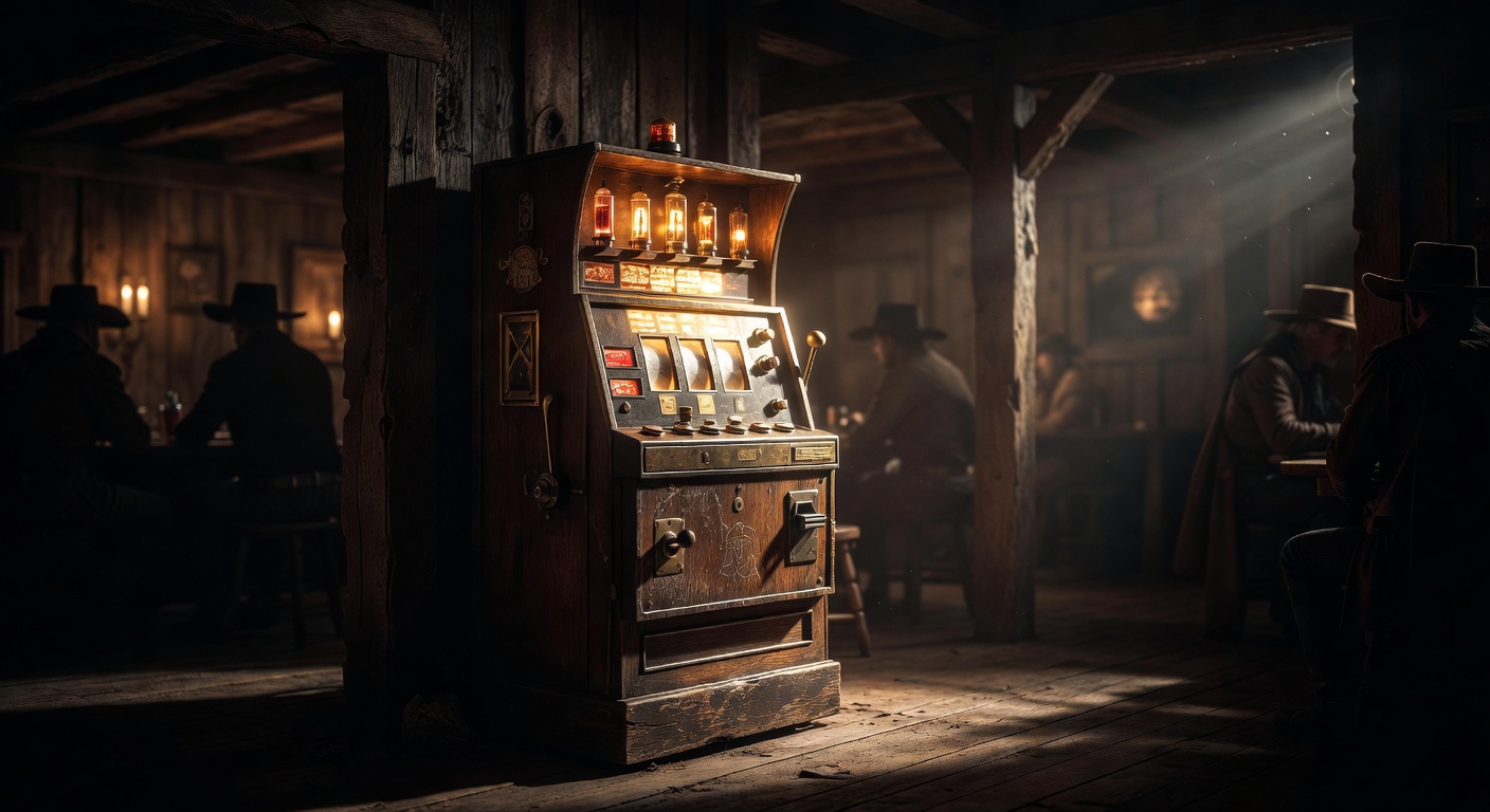 Cinematic wooden Cowboy Slot machine glowing in a dimly lit wild west saloon